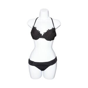 Mae Women Lace Mesh Wired Push Up Solid Bikini Top Black Size S